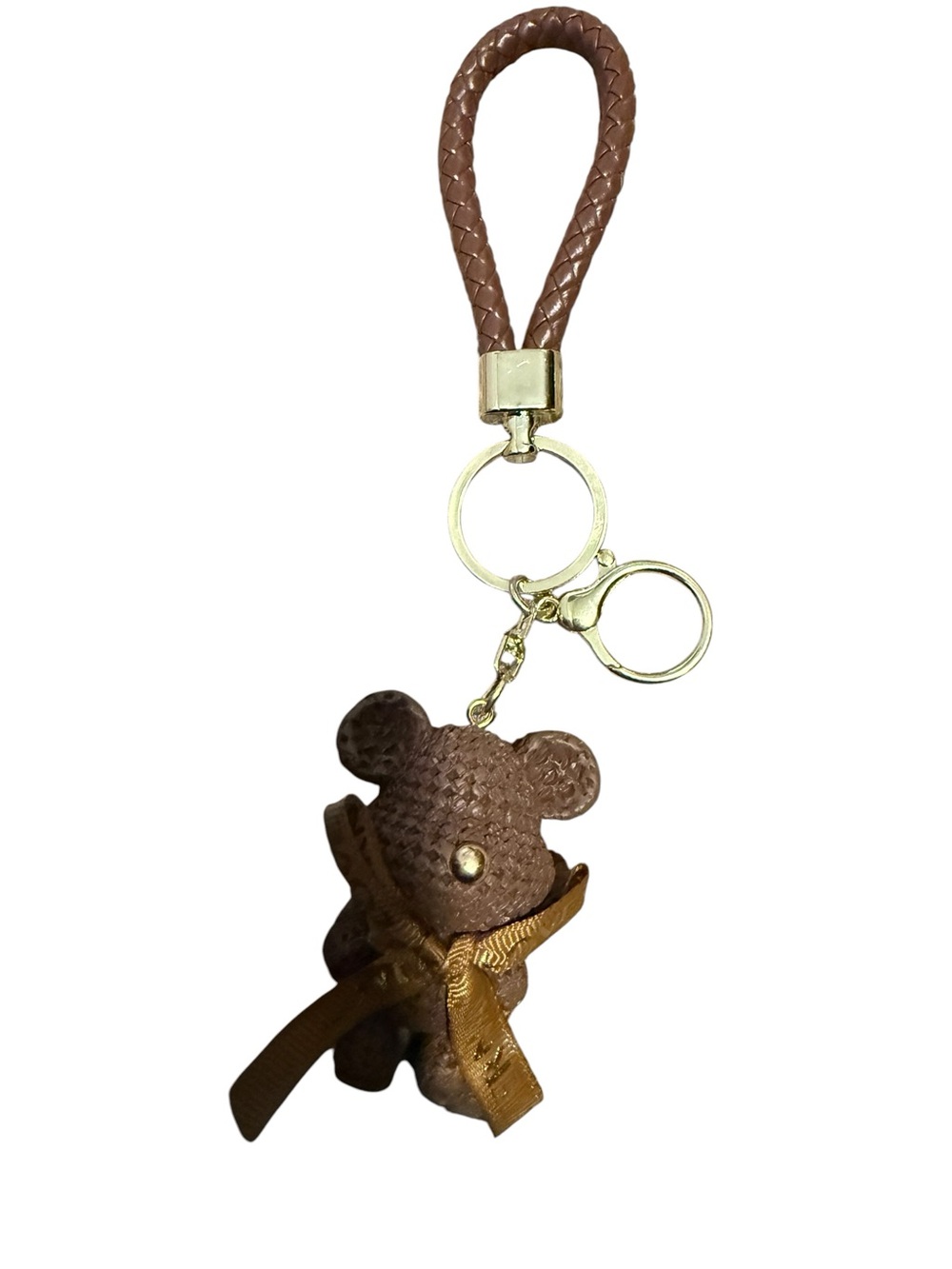 Braided Brown Bear Keychain with Gold Hardware